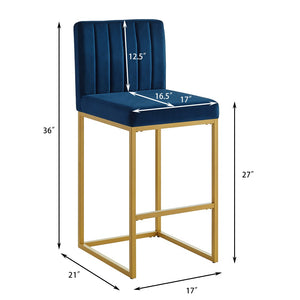 English Elm Modern Velvet Upholstered Counter Stools with Gold Iron Frame for Kitchen Island Set of 2 Navy W2186P484165