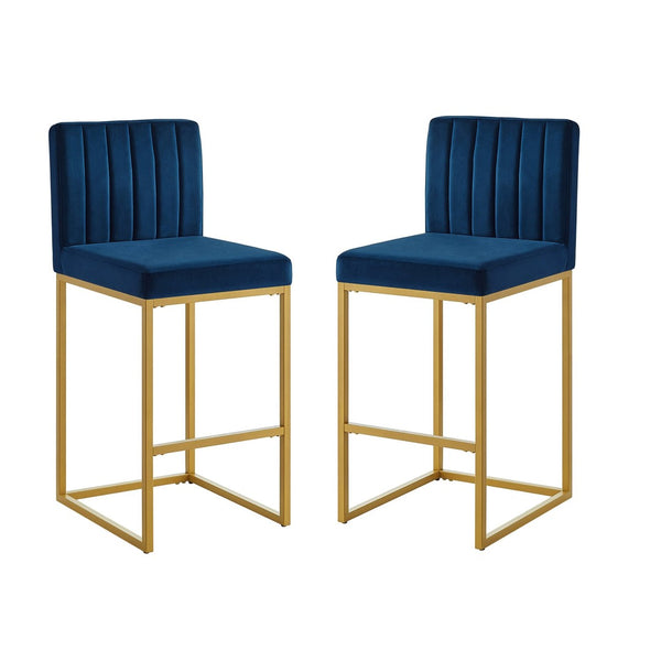 English Elm Modern Velvet Upholstered Counter Stools with Gold Iron Frame for Kitchen Island Set of 2 Navy W2186P484165