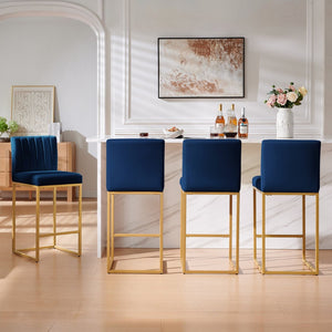 English Elm Modern Velvet Upholstered Counter Stools with Gold Iron Frame for Kitchen Island Set of 2 Navy W2186P484165