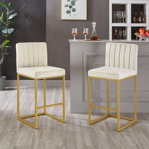 English Elm Modern Velvet Upholstered Counter Stools with Gold Iron Frame for Kitchen Island Set of 2 Cream W2186P484166