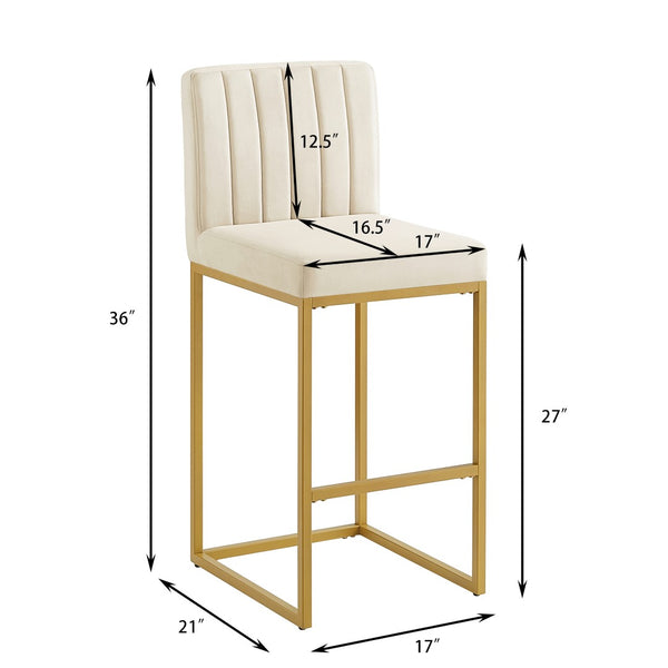 English Elm Modern Velvet Upholstered Counter Stools with Gold Iron Frame for Kitchen Island Set of 2 Cream W2186P484166