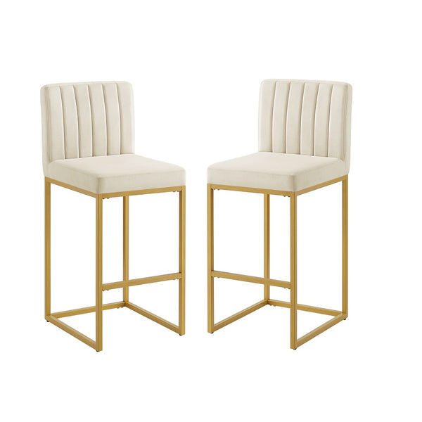 English Elm Modern Velvet Upholstered Counter Stools with Gold Iron Frame for Kitchen Island Set of 2 Cream W2186P484166