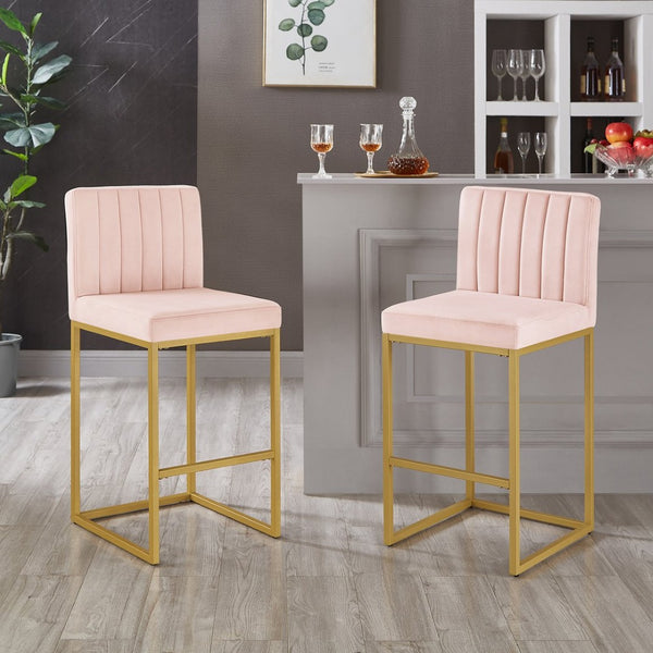 English Elm Modern Velvet Upholstered Counter Stools with Gold Iron Frame for Kitchen Island Set of 2 Pink W2186P484167