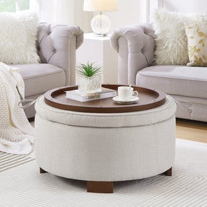 English Elm Round Boucle Fabric Ottoman with Reversible Flip Top Hidden Storage and Wooden Legs Beige W2186P487077