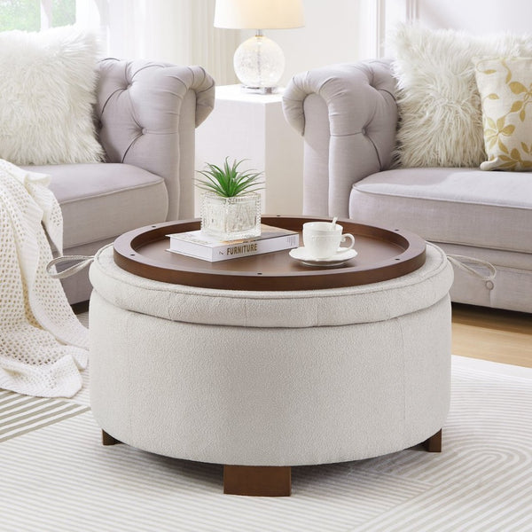English Elm Round Boucle Fabric Ottoman with Reversible Flip Top Hidden Storage and Wooden Legs Beige W2186P487077