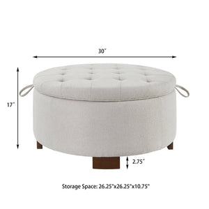 English Elm Round Boucle Fabric Ottoman with Reversible Flip Top Hidden Storage and Wooden Legs Beige W2186P487077