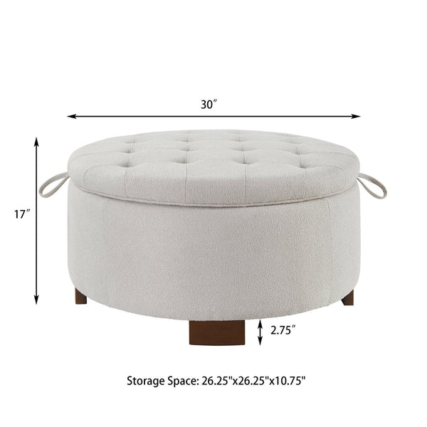 English Elm Round Boucle Fabric Ottoman with Reversible Flip Top Hidden Storage and Wooden Legs Beige W2186P487077