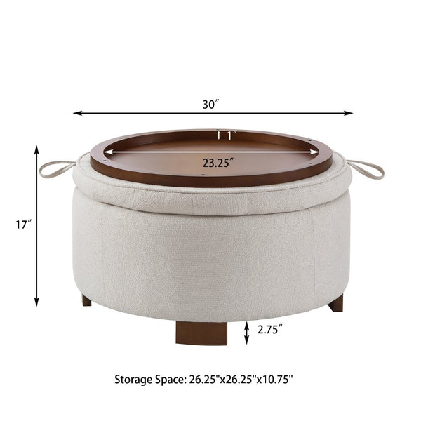 English Elm Round Boucle Fabric Ottoman with Reversible Flip Top Hidden Storage and Wooden Legs Beige W2186P487077