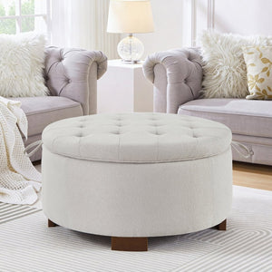 English Elm Round Boucle Fabric Ottoman with Reversible Flip Top Hidden Storage and Wooden Legs Beige W2186P487077