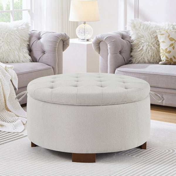 English Elm Round Boucle Fabric Ottoman with Reversible Flip Top Hidden Storage and Wooden Legs Beige W2186P487077