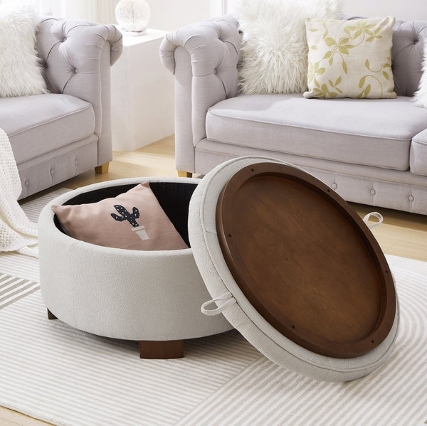 English Elm Round Boucle Fabric Ottoman with Reversible Flip Top Hidden Storage and Wooden Legs Beige W2186P487077
