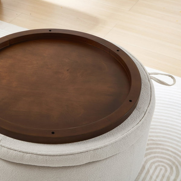 English Elm Round Boucle Fabric Ottoman with Reversible Flip Top Hidden Storage and Wooden Legs Beige W2186P487077