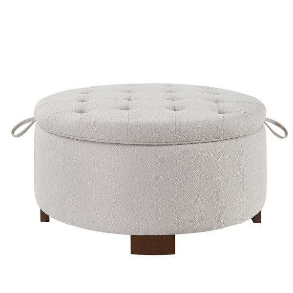 English Elm Round Boucle Fabric Ottoman with Reversible Flip Top Hidden Storage and Wooden Legs Beige W2186P487077