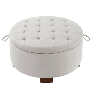 English Elm Round Boucle Fabric Ottoman with Reversible Flip Top Hidden Storage and Wooden Legs Beige W2186P487077