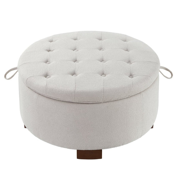 English Elm Round Boucle Fabric Ottoman with Reversible Flip Top Hidden Storage and Wooden Legs Beige W2186P487077