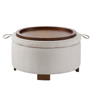 English Elm Round Boucle Fabric Ottoman with Reversible Flip Top Hidden Storage and Wooden Legs Beige W2186P487077
