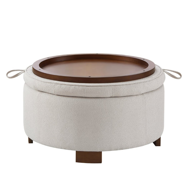 English Elm Round Boucle Fabric Ottoman with Reversible Flip Top Hidden Storage and Wooden Legs Beige W2186P487077