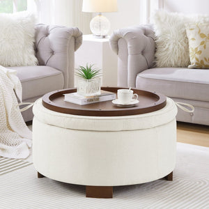 English Elm Round Boucle Fabric Ottoman with Reversible Flip Top Hidden Storage and Wooden Legs Ivory W2186P487078