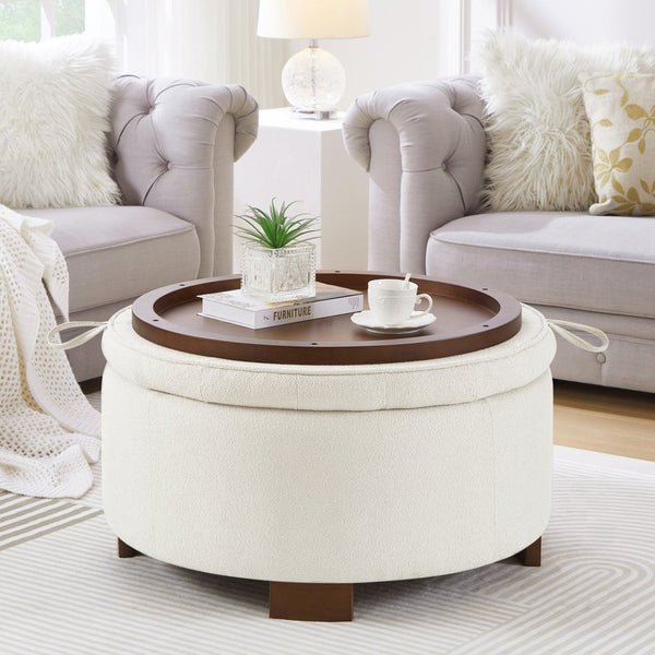 English Elm Round Boucle Fabric Ottoman with Reversible Flip Top Hidden Storage and Wooden Legs Ivory W2186P487078