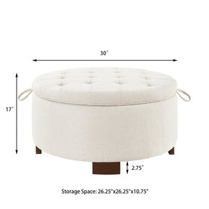 English Elm Round Boucle Fabric Ottoman with Reversible Flip Top Hidden Storage and Wooden Legs Ivory W2186P487078