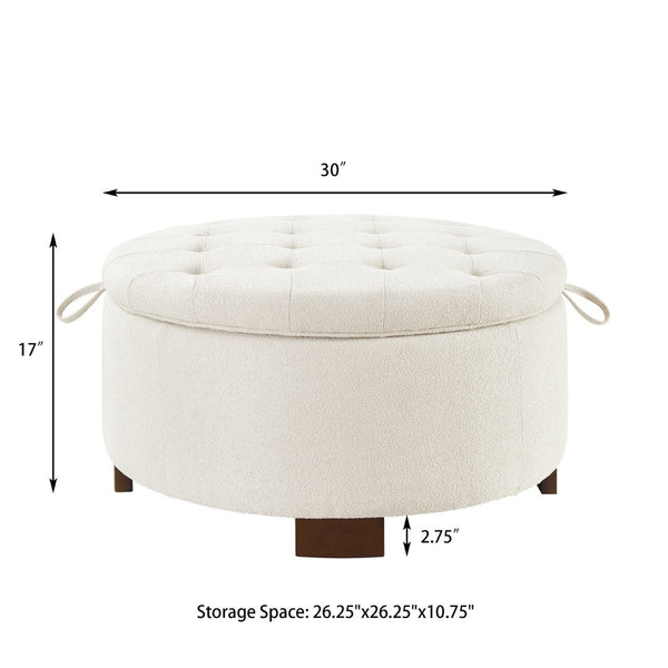 English Elm Round Boucle Fabric Ottoman with Reversible Flip Top Hidden Storage and Wooden Legs Ivory W2186P487078