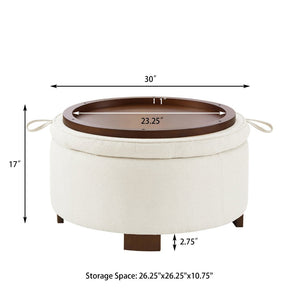 English Elm Round Boucle Fabric Ottoman with Reversible Flip Top Hidden Storage and Wooden Legs Ivory W2186P487078