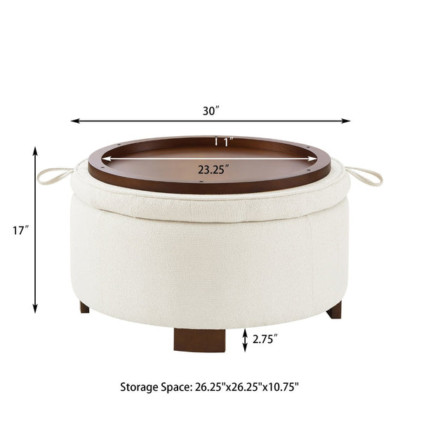English Elm Round Boucle Fabric Ottoman with Reversible Flip Top Hidden Storage and Wooden Legs Ivory W2186P487078