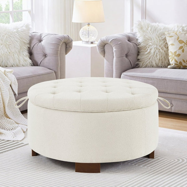 English Elm Round Boucle Fabric Ottoman with Reversible Flip Top Hidden Storage and Wooden Legs Ivory W2186P487078