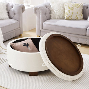 English Elm Round Boucle Fabric Ottoman with Reversible Flip Top Hidden Storage and Wooden Legs Ivory W2186P487078