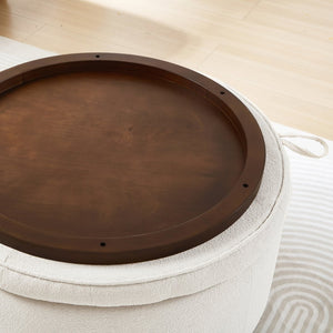 English Elm Round Boucle Fabric Ottoman with Reversible Flip Top Hidden Storage and Wooden Legs Ivory W2186P487078