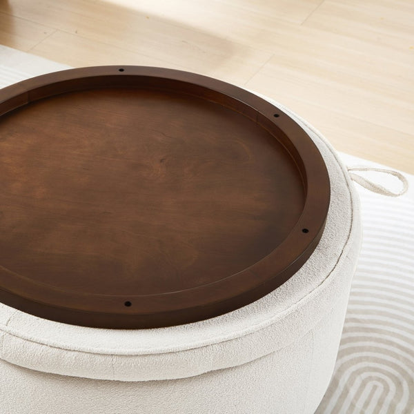 English Elm Round Boucle Fabric Ottoman with Reversible Flip Top Hidden Storage and Wooden Legs Ivory W2186P487078