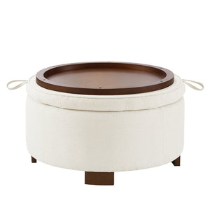 English Elm Round Boucle Fabric Ottoman with Reversible Flip Top Hidden Storage and Wooden Legs Ivory W2186P487078