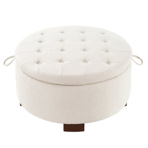 English Elm Round Boucle Fabric Ottoman with Reversible Flip Top Hidden Storage and Wooden Legs Ivory W2186P487078