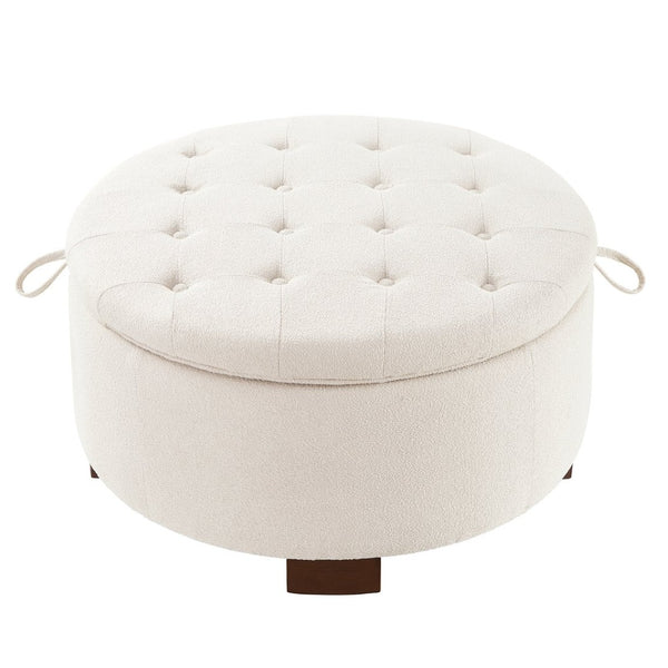 English Elm Round Boucle Fabric Ottoman with Reversible Flip Top Hidden Storage and Wooden Legs Ivory W2186P487078