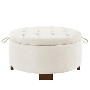 English Elm Round Boucle Fabric Ottoman with Reversible Flip Top Hidden Storage and Wooden Legs Ivory W2186P487078