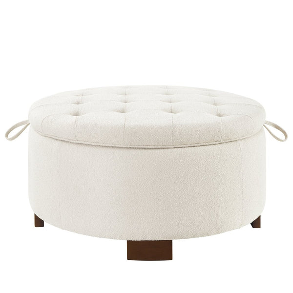 English Elm Round Boucle Fabric Ottoman with Reversible Flip Top Hidden Storage and Wooden Legs Ivory W2186P487078
