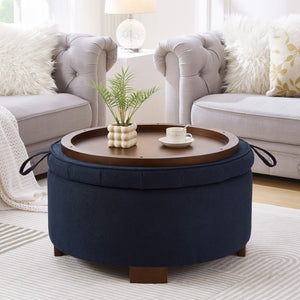 English Elm Round Boucle Fabric Ottoman with Reversible Flip Top Hidden Storage and Wooden Legs Navy W2186P487079