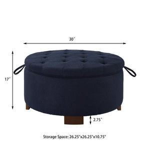 English Elm Round Boucle Fabric Ottoman with Reversible Flip Top Hidden Storage and Wooden Legs Navy W2186P487079
