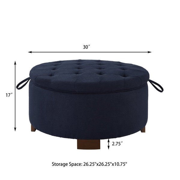 English Elm Round Boucle Fabric Ottoman with Reversible Flip Top Hidden Storage and Wooden Legs Navy W2186P487079