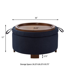 English Elm Round Boucle Fabric Ottoman with Reversible Flip Top Hidden Storage and Wooden Legs Navy W2186P487079