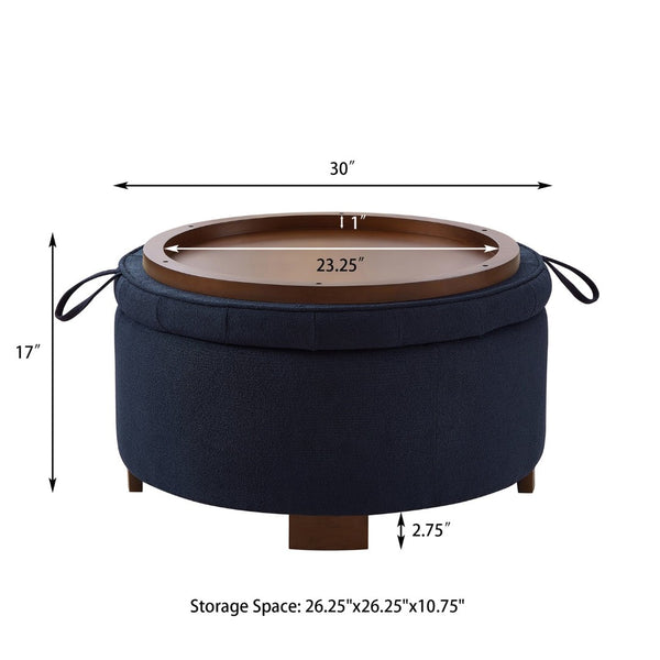 English Elm Round Boucle Fabric Ottoman with Reversible Flip Top Hidden Storage and Wooden Legs Navy W2186P487079