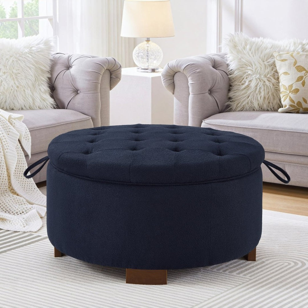 English Elm Round Boucle Fabric Ottoman with Reversible Flip Top Hidden Storage and Wooden Legs Navy W2186P487079
