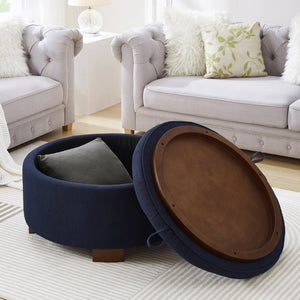 English Elm Round Boucle Fabric Ottoman with Reversible Flip Top Hidden Storage and Wooden Legs Navy W2186P487079