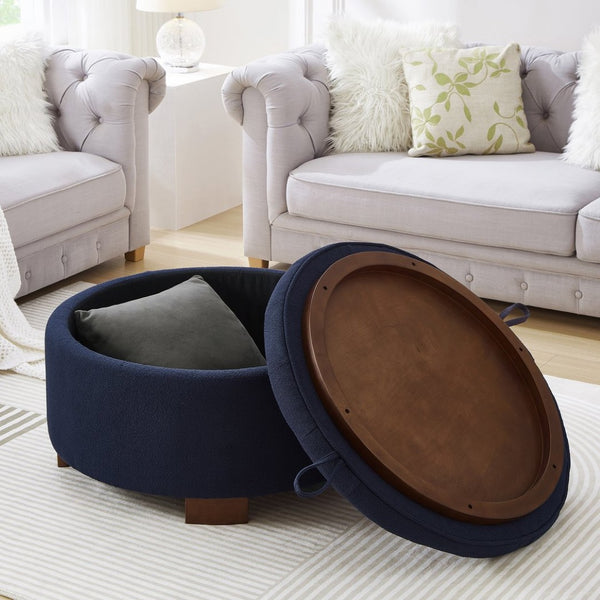 English Elm Round Boucle Fabric Ottoman with Reversible Flip Top Hidden Storage and Wooden Legs Navy W2186P487079