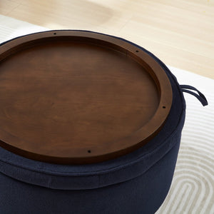 English Elm Round Boucle Fabric Ottoman with Reversible Flip Top Hidden Storage and Wooden Legs Navy W2186P487079