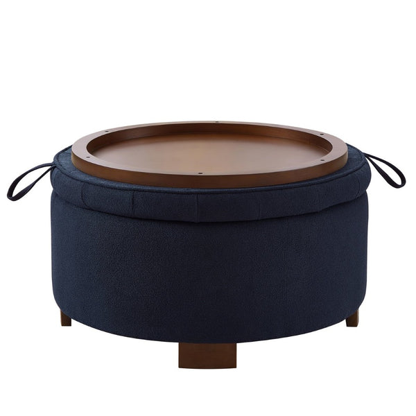 English Elm Round Boucle Fabric Ottoman with Reversible Flip Top Hidden Storage and Wooden Legs Navy W2186P487079