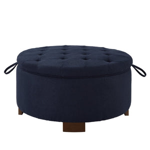 English Elm Round Boucle Fabric Ottoman with Reversible Flip Top Hidden Storage and Wooden Legs Navy W2186P487079