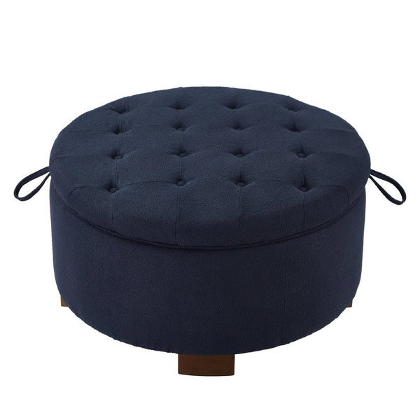 English Elm Round Boucle Fabric Ottoman with Reversible Flip Top Hidden Storage and Wooden Legs Navy W2186P487079