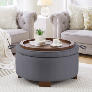English Elm Round Boucle Fabric Ottoman with Reversible Flip Top Hidden Storage and Wooden Legs Dark Gray W2186P487080