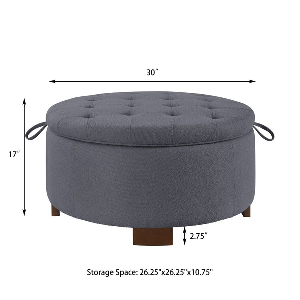 English Elm Round Boucle Fabric Ottoman with Reversible Flip Top Hidden Storage and Wooden Legs Dark Gray W2186P487080